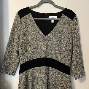 Belle Badgley Mischka gold pattern and black studded cocktail dress